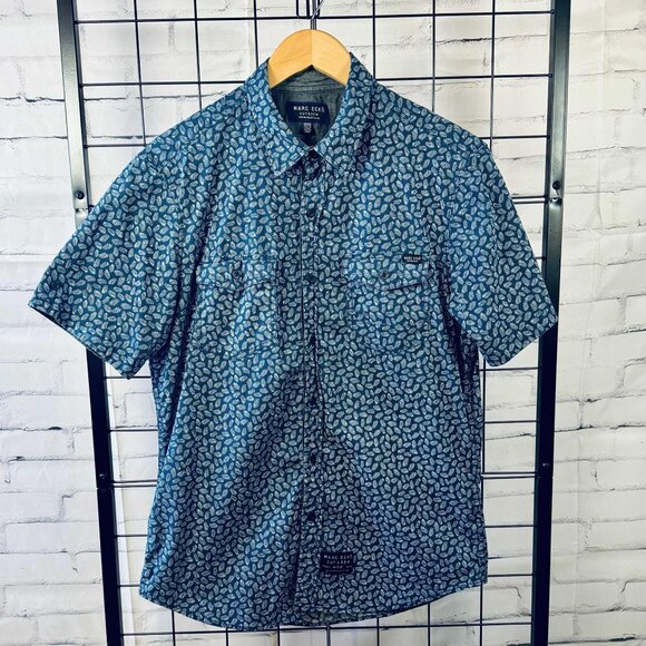 Marc Ecko Cut & Sew Men’s Short Sleeve Button-Up Shirt – Blue Leaf Print, Size M - Picture 1 of 8